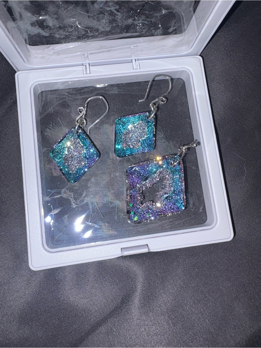 Handmade Swarovski Blue & Purple Druzy Square Earrings and Necklace
